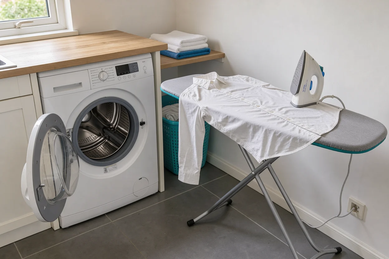 Strijkplank met overhemd en strijkijzer naast de wasmachine