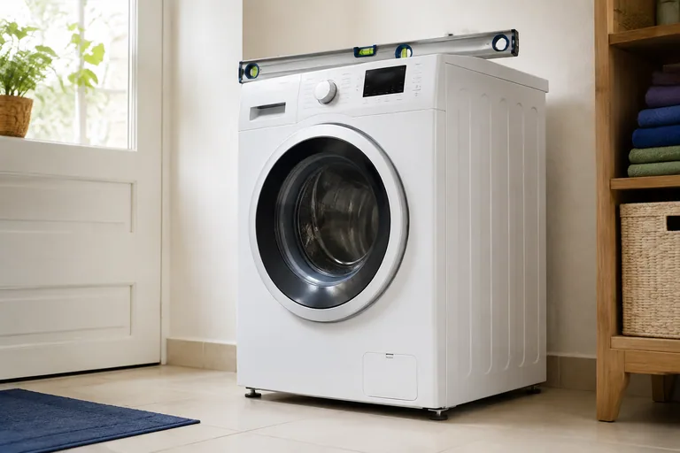 Waterpas op een wasmachine op een tegelvloer