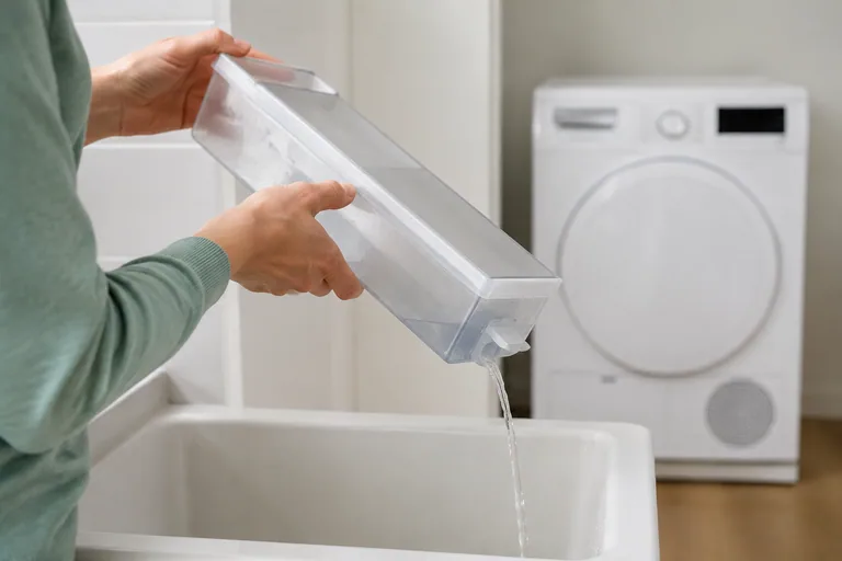 Water uit het condensreservoir van een droger wordt in een gootsteen gegoten
