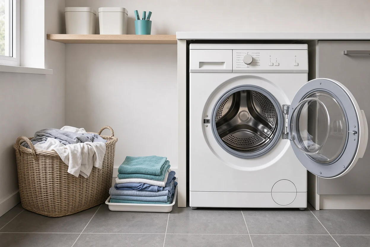 Geopende was-droogcombinatie naast een volle wasmand