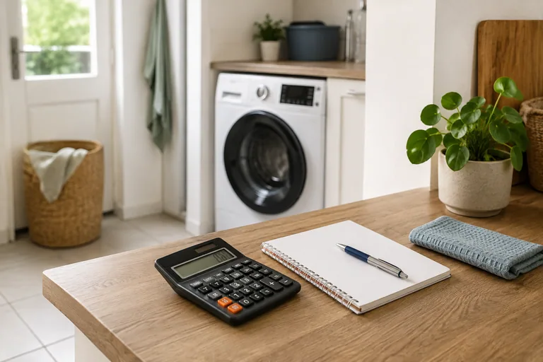 Rekenmachine en notitieboek bij een wasapparaat