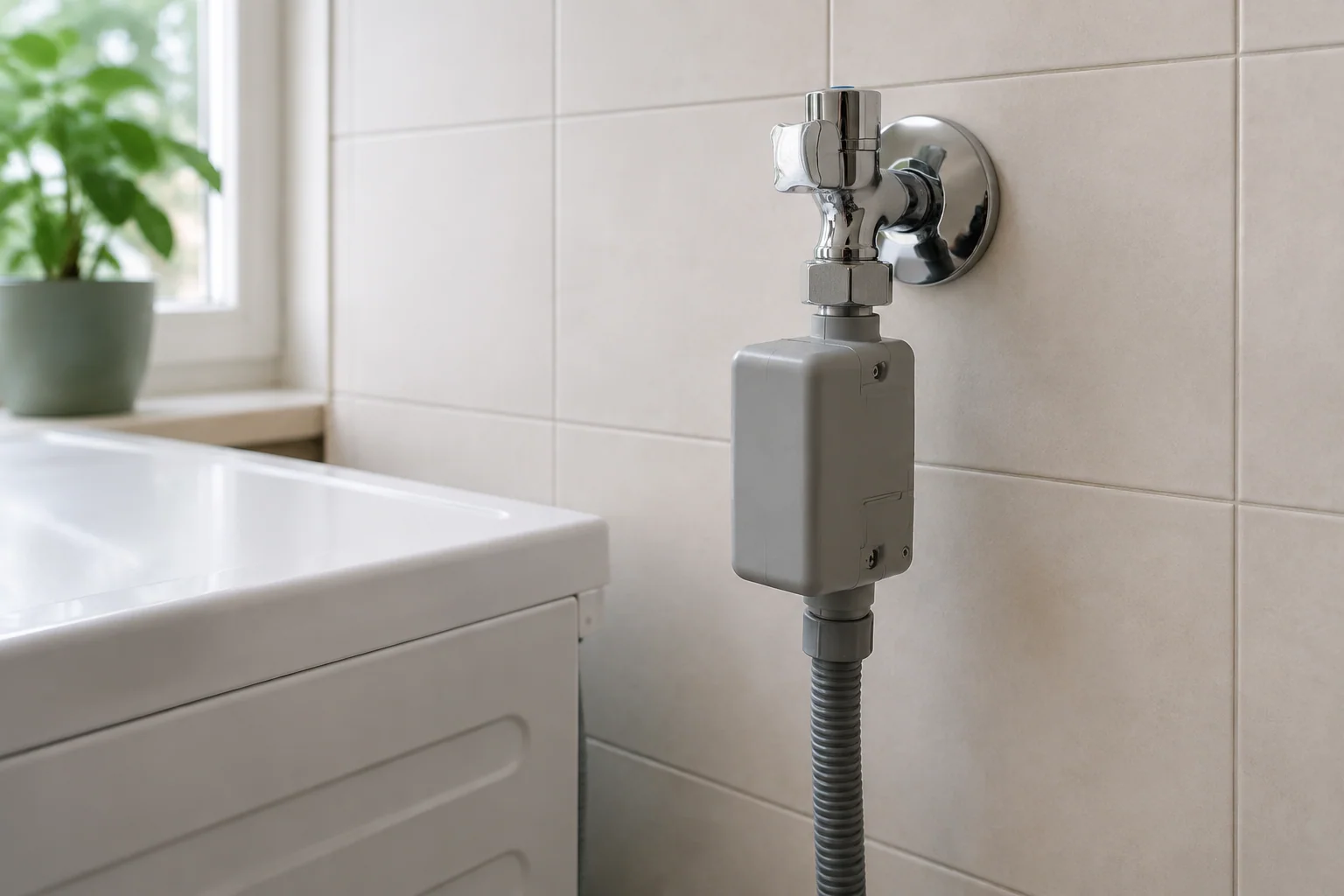 Waterslot aan de toevoerslang bij een wasmachinekraan