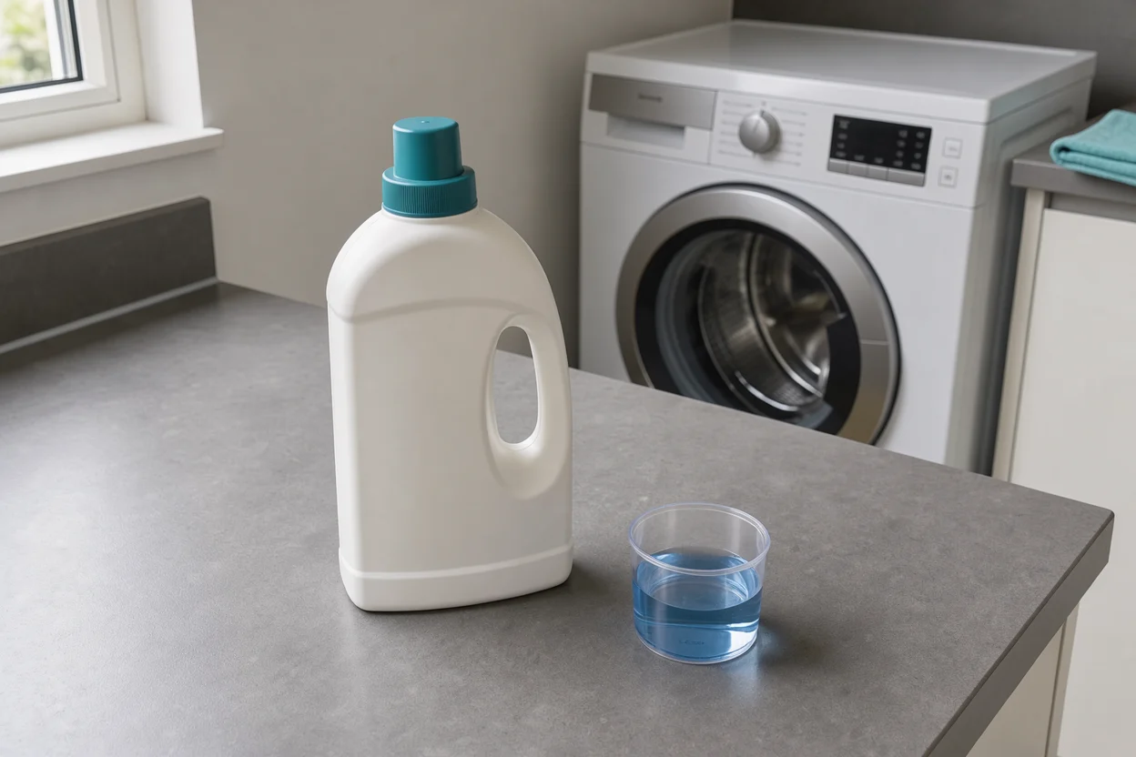 Een schaal waspoeder en een fles wasmiddel naast handdoeken, met een wasmachine op de achtergrond