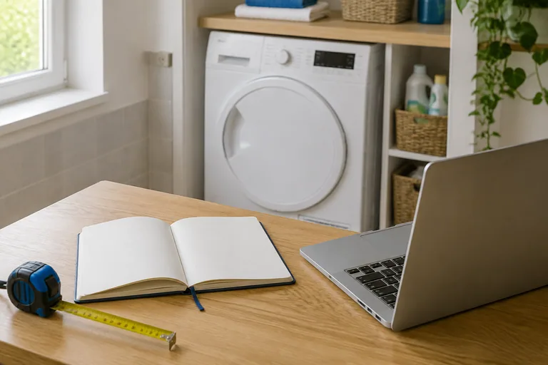 Notitieboek, meetlint en laptop bij het vergelijken van soorten wasdrogers