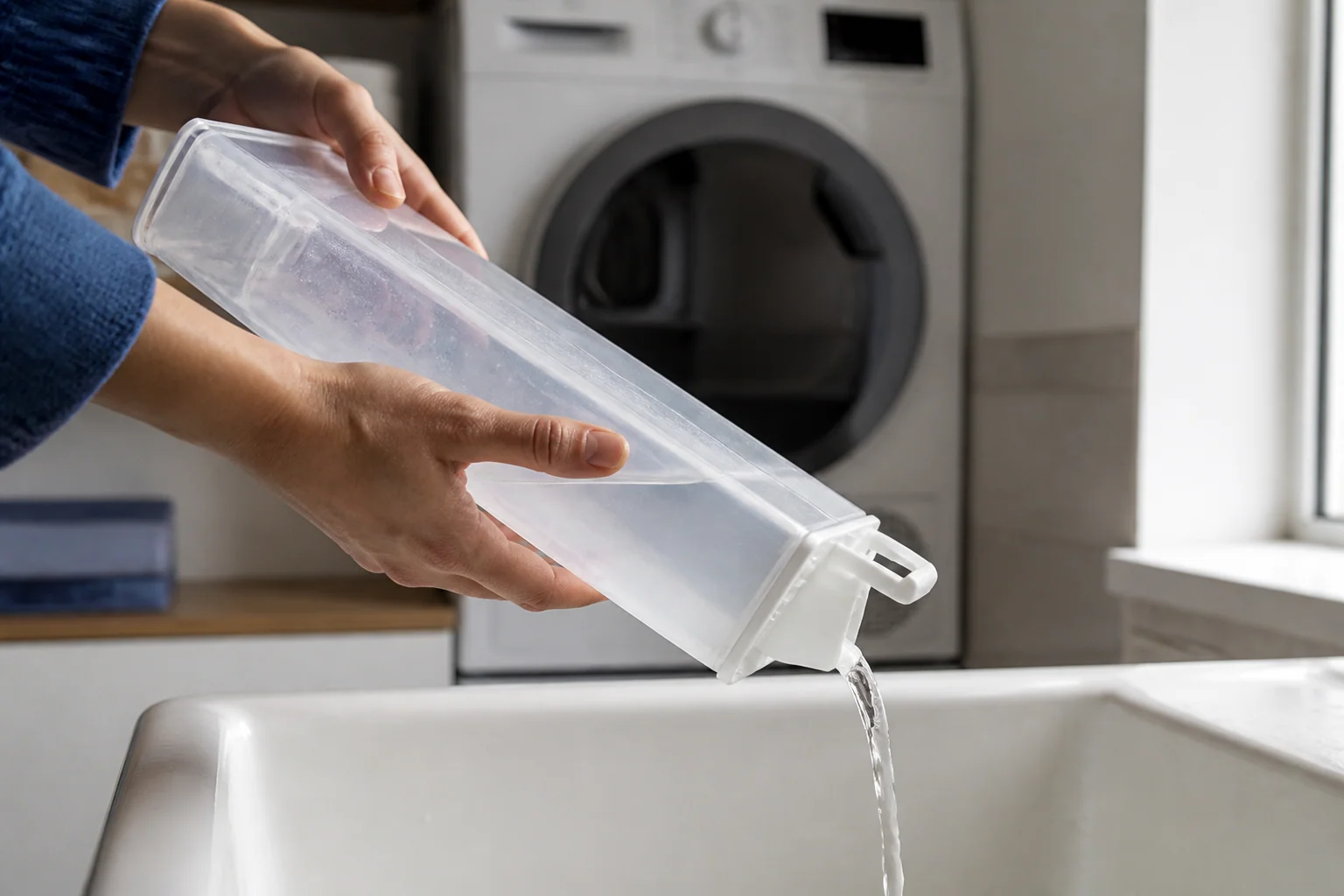 Water uit het condensreservoir van een droger wordt in een gootsteen gegoten