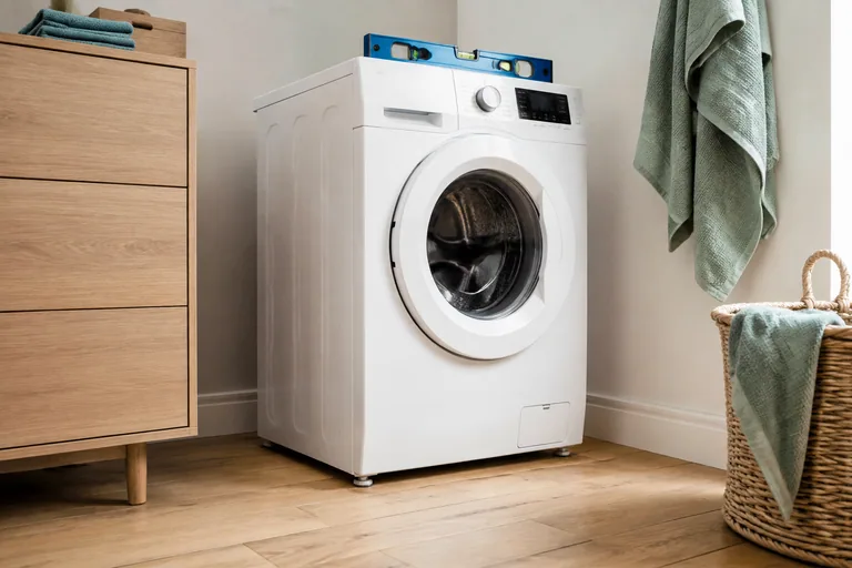Wasmachine op houten vloer met waterpas op de bovenkant