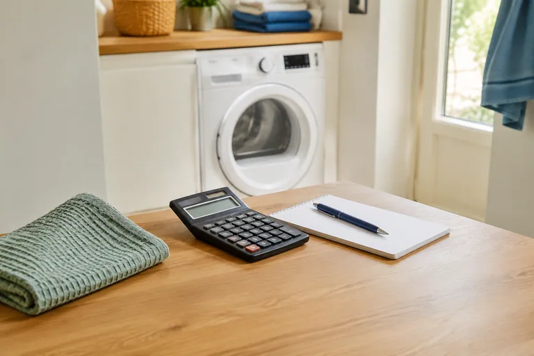 Rekenmachine en notitieboek bij een wasapparaat