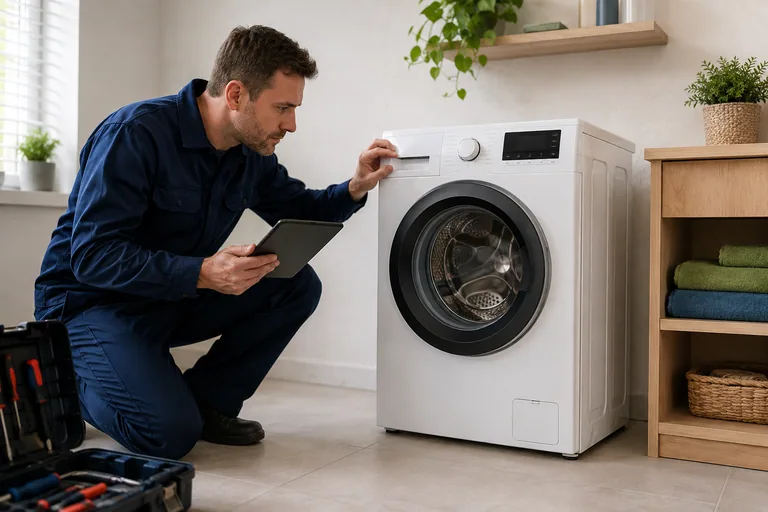Monteur controleert een wasdroogcombinatie op een storing