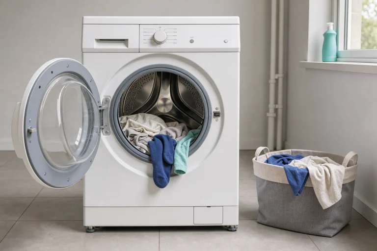 Witte wasmachine met open deur en wasgoed naast een wasmand