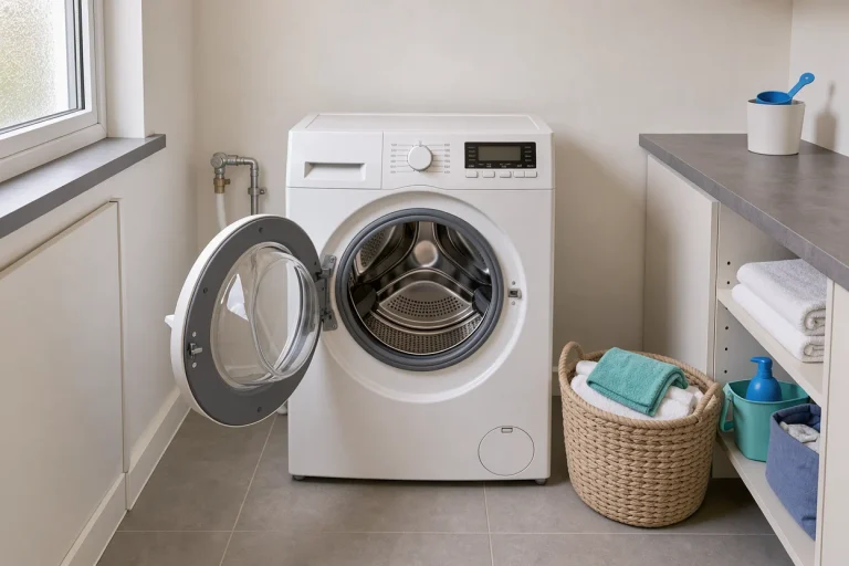 Geopende was-droogcombinatie naast een wasmand