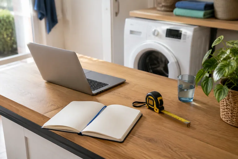 Notitieboek, meetlint en laptop bij een wasmachine