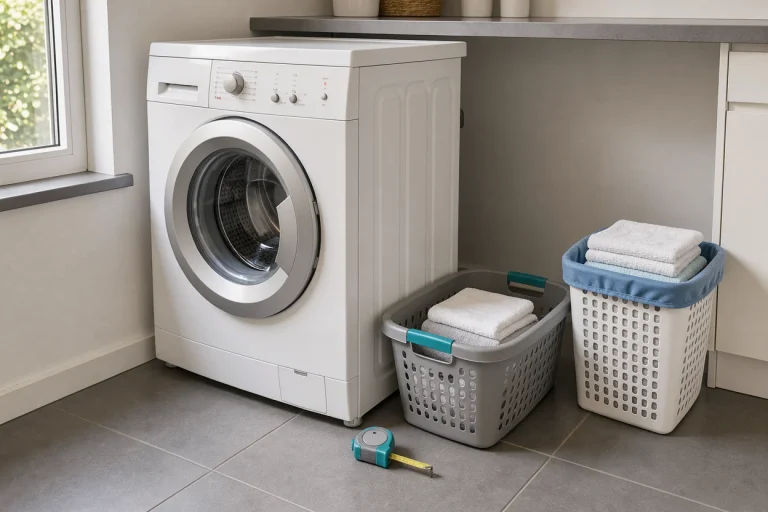 Meetlint en twee wasmanden bij een wasmachine