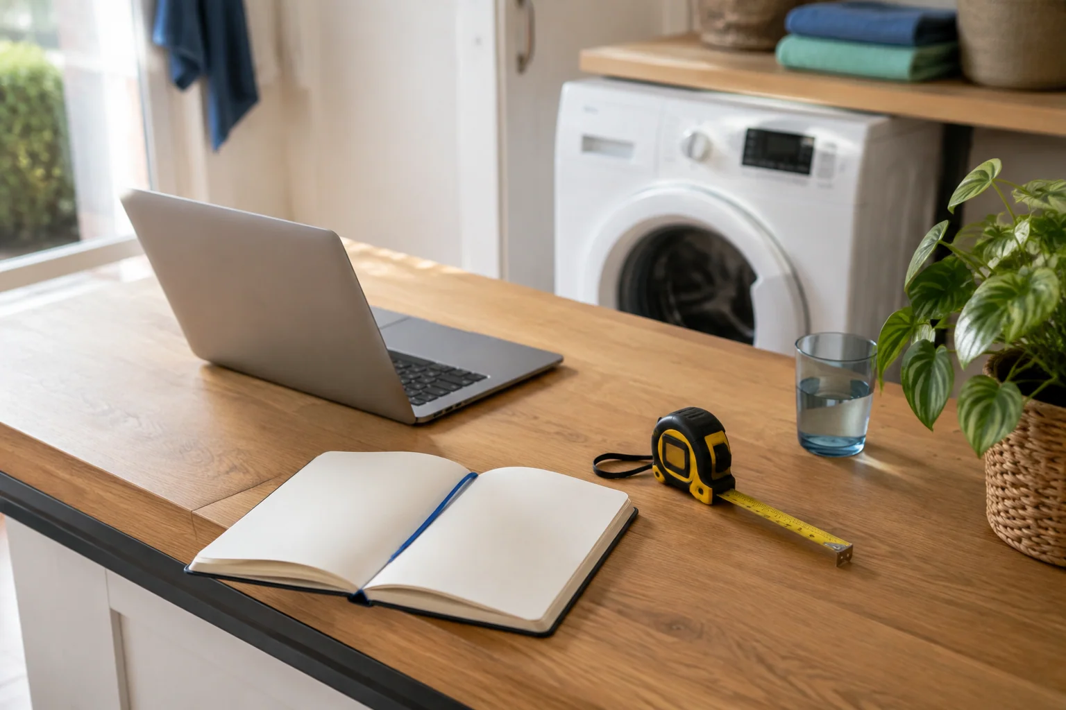 Notitieboek, meetlint en laptop bij een wasmachine