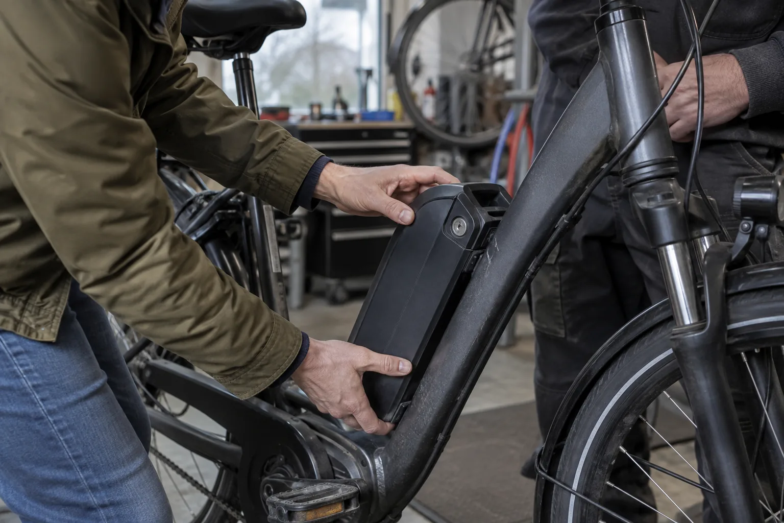 Illustratief sfeerbeeld van een accucontrole bij een gebruikte elektrische fiets, zonder herkenbaar merk