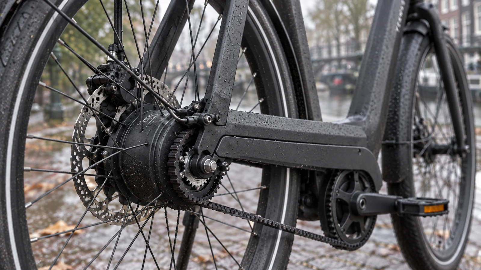 Close-up van de Enviolo-naaf, Gates-riem en achterrem van de Tenways AGO T