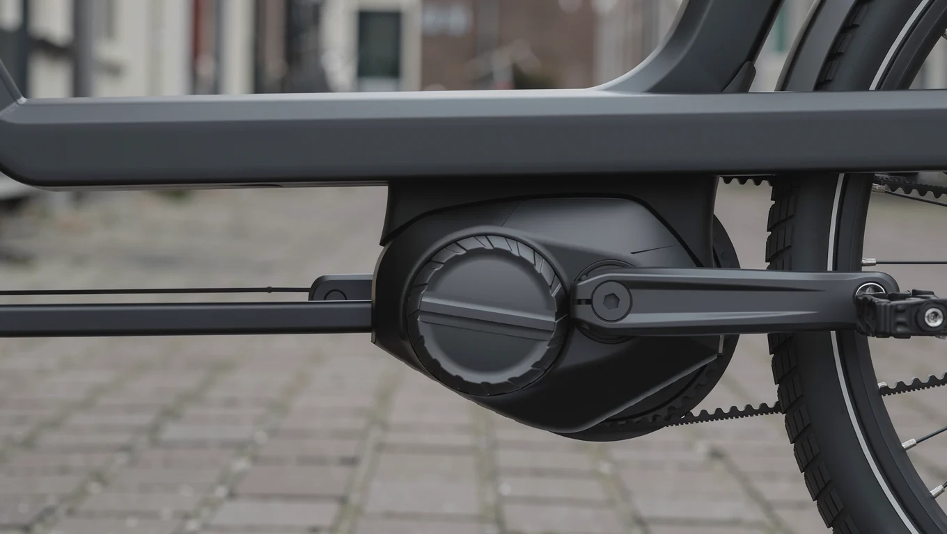 Close-up van de middenmotor en riemaandrijving van de Tenways Cargo One