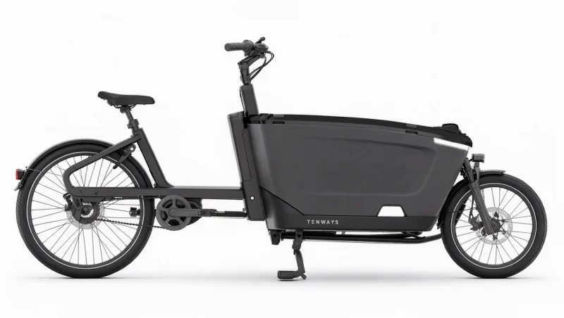 Vrijstaande zwarte Tenways Cargo One elektrische bakfiets