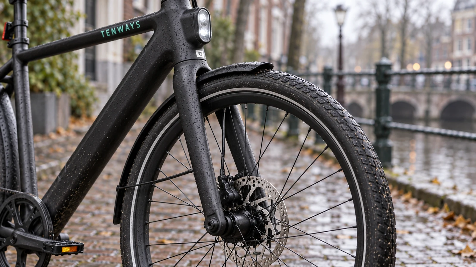 Detail van voorlicht en schijfrem bij een Tenways CGO600