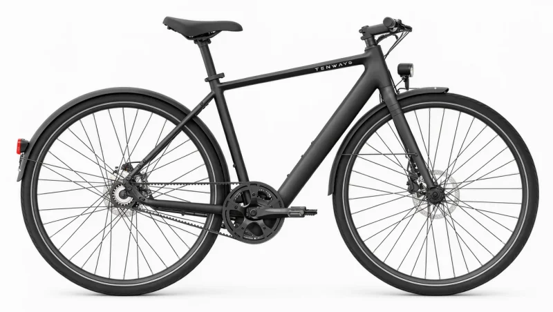 Vrijstaande zwarte Tenways CGO600 elektrische stadsfiets