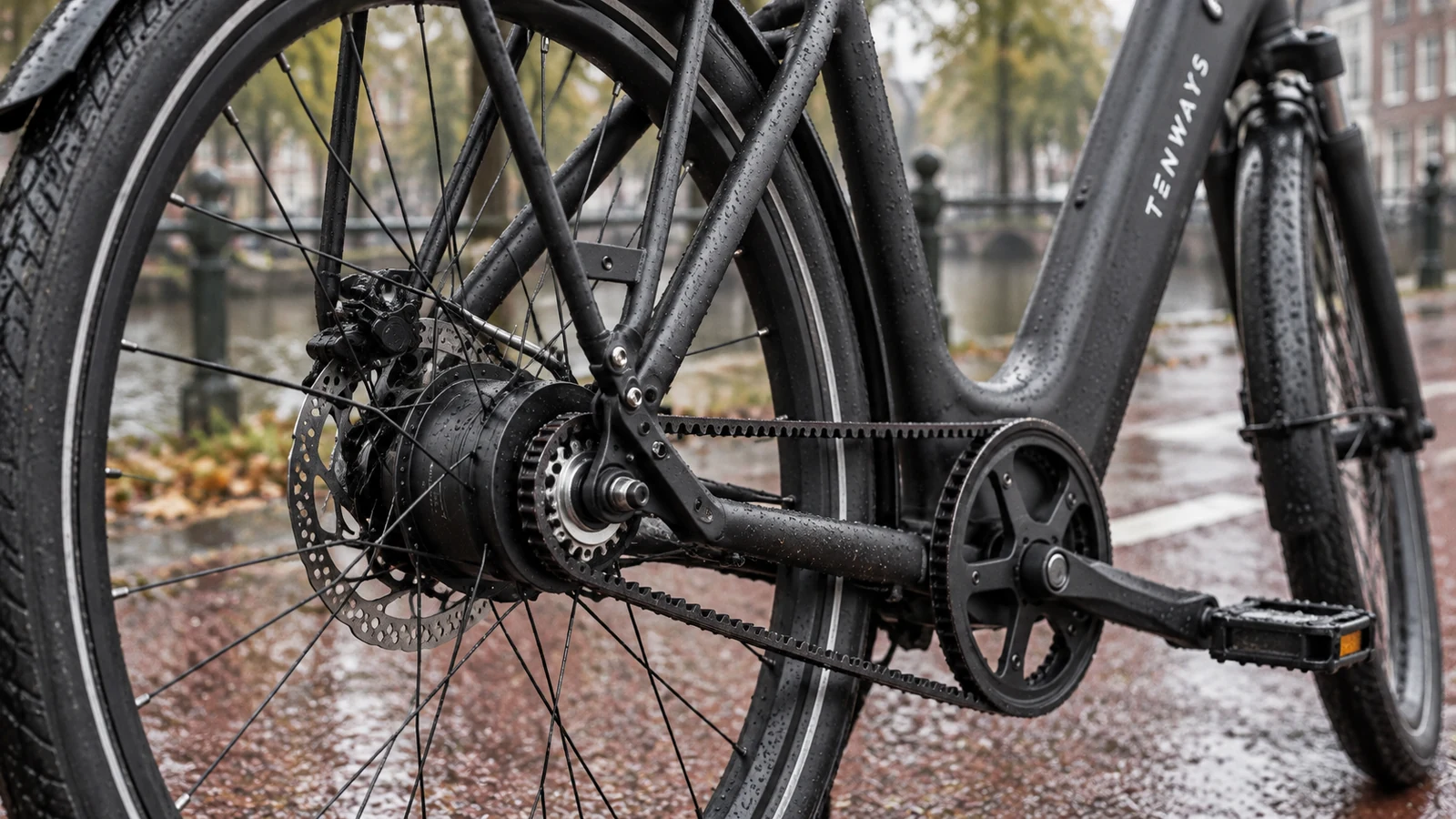 Close-up van de achterwielmotor en riemaandrijving van de Tenways CGO800S