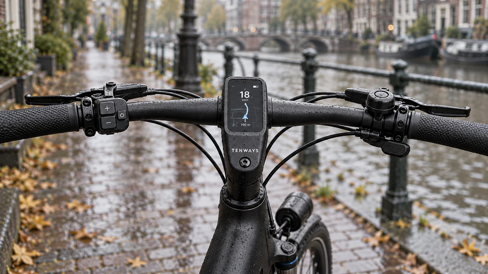 Detail van stuur en display van een elektrische stadsfiets