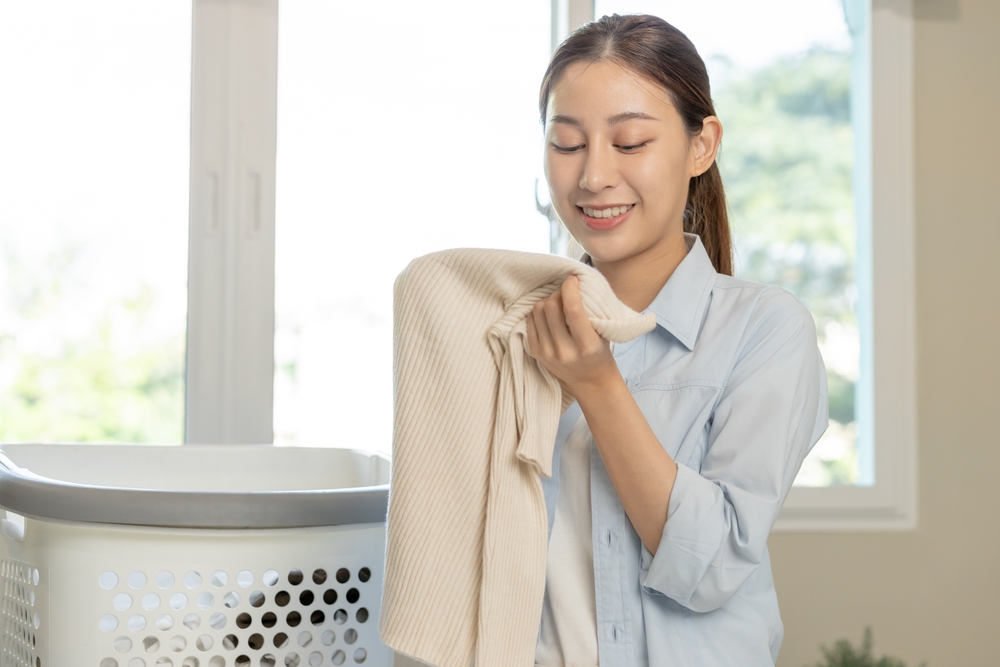 Heat pump dryer advantages happy woman with clothes