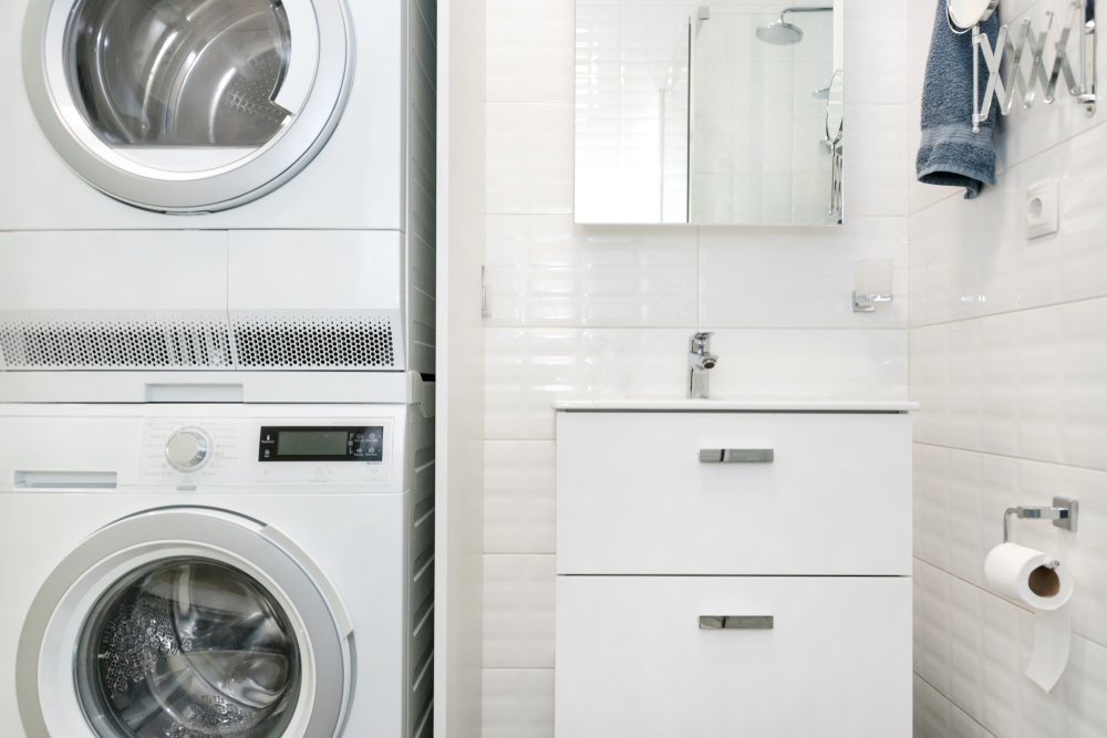 Self cleaning condenser dryer and washer in the bathroom